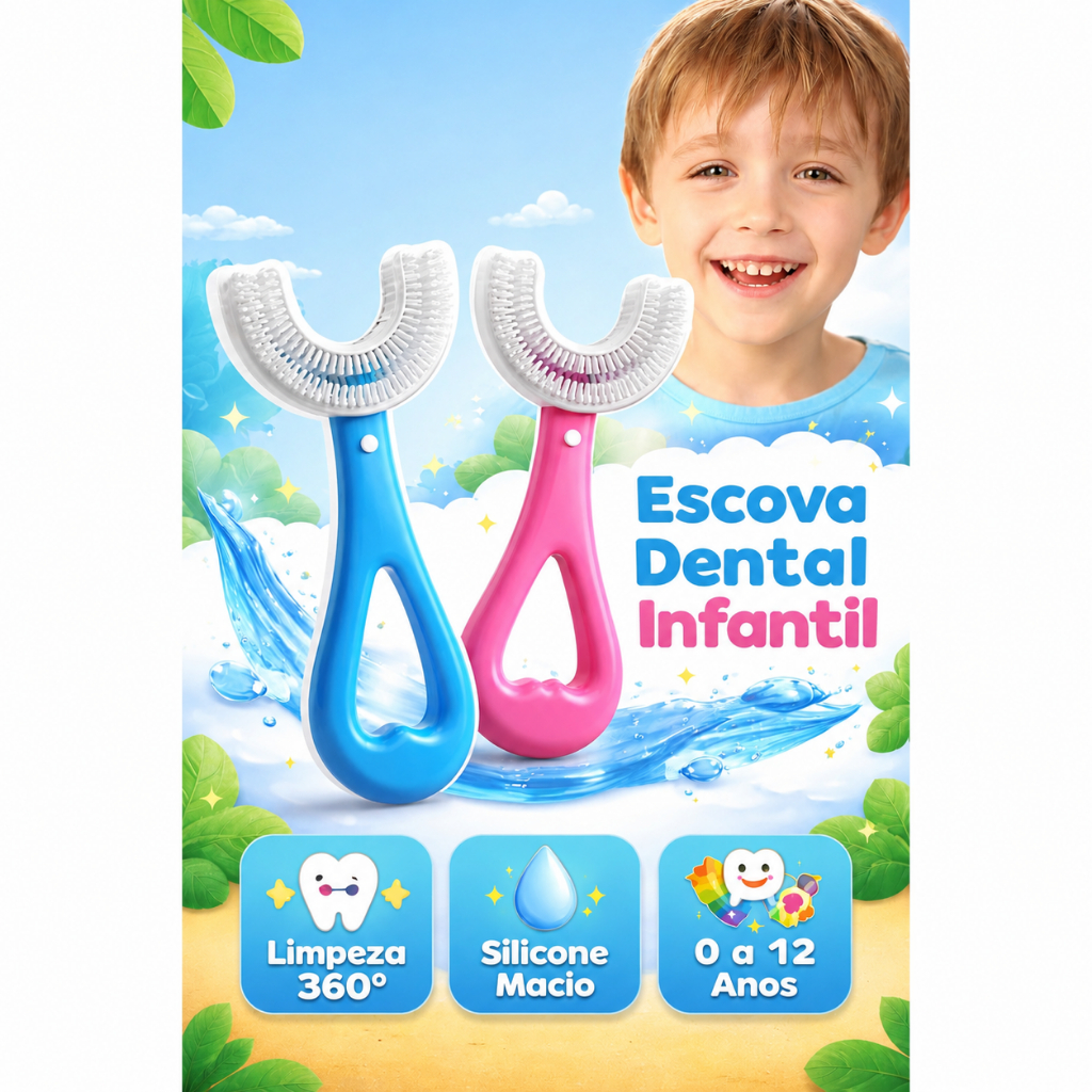 Escova de Dentes Infantil U 360° com Limpeza Completa em 360°