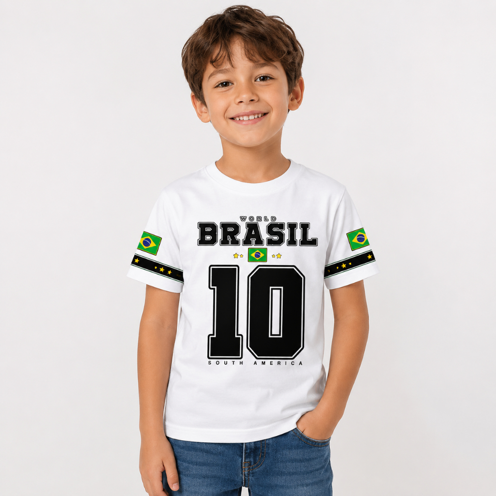 Camiseta Do Brasil Infantil Unissex Estampada 100% Algodão Jogo Futebol 2026 Slim Manga Curta Kids