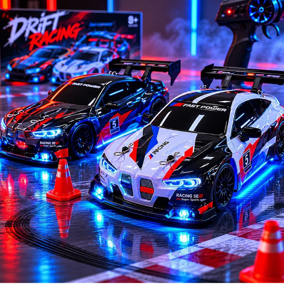 Carro Drift RC 4x4 Controle Remoto LED Recarregável com Drift Profissional + Pneus Extras e Cones