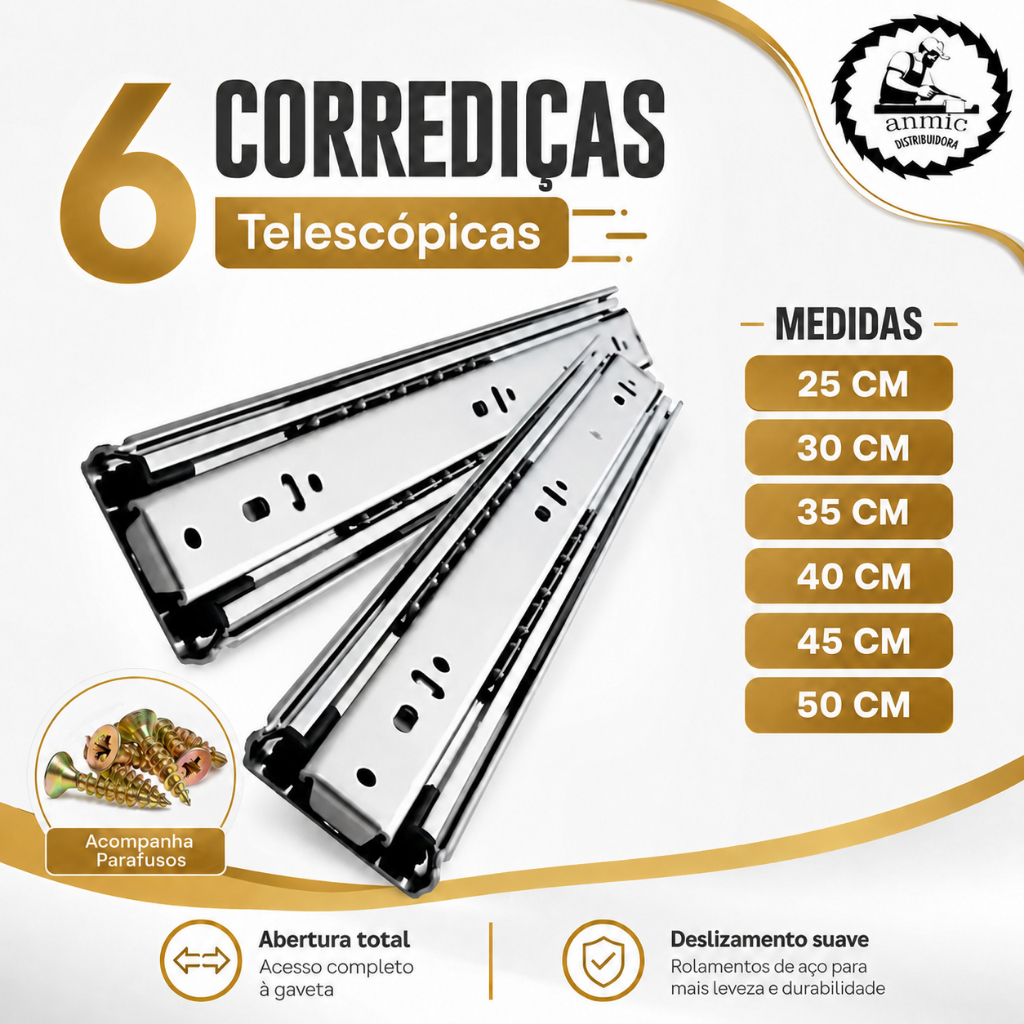 Kit 6 Corrediças Gaveta Trilho Telescópica Light 25cm 30cm 35cm 40cm 45cm 50cm Aço Leve