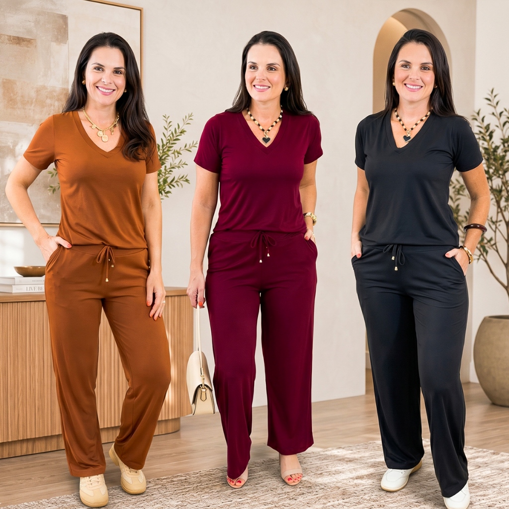 Conjunto Feminino Suede - Calça e Blusa Manga Curta
