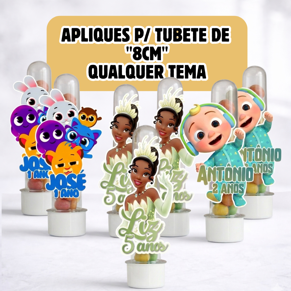 Apliques para Tubete 8 cm Personalizados Qualquer Tema - Nome e Idade | Lembrancinha Festa Infantil