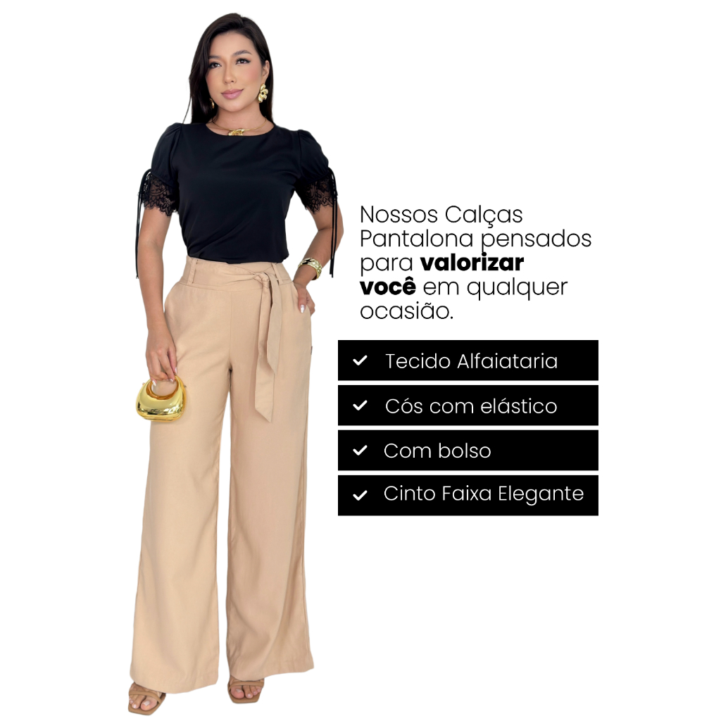Detalhes do Calça Social Feminina Alfaiataria Pantalona Elegante com Bolso  Cinto Fixo do P ao GG Envio Imediato
