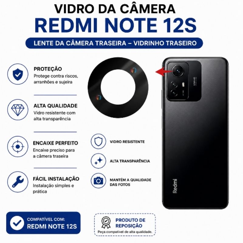 Vidro da Camera Xiaomi Note 12s Lente da Câmera Traseira Vidrinho Traseiro Origi