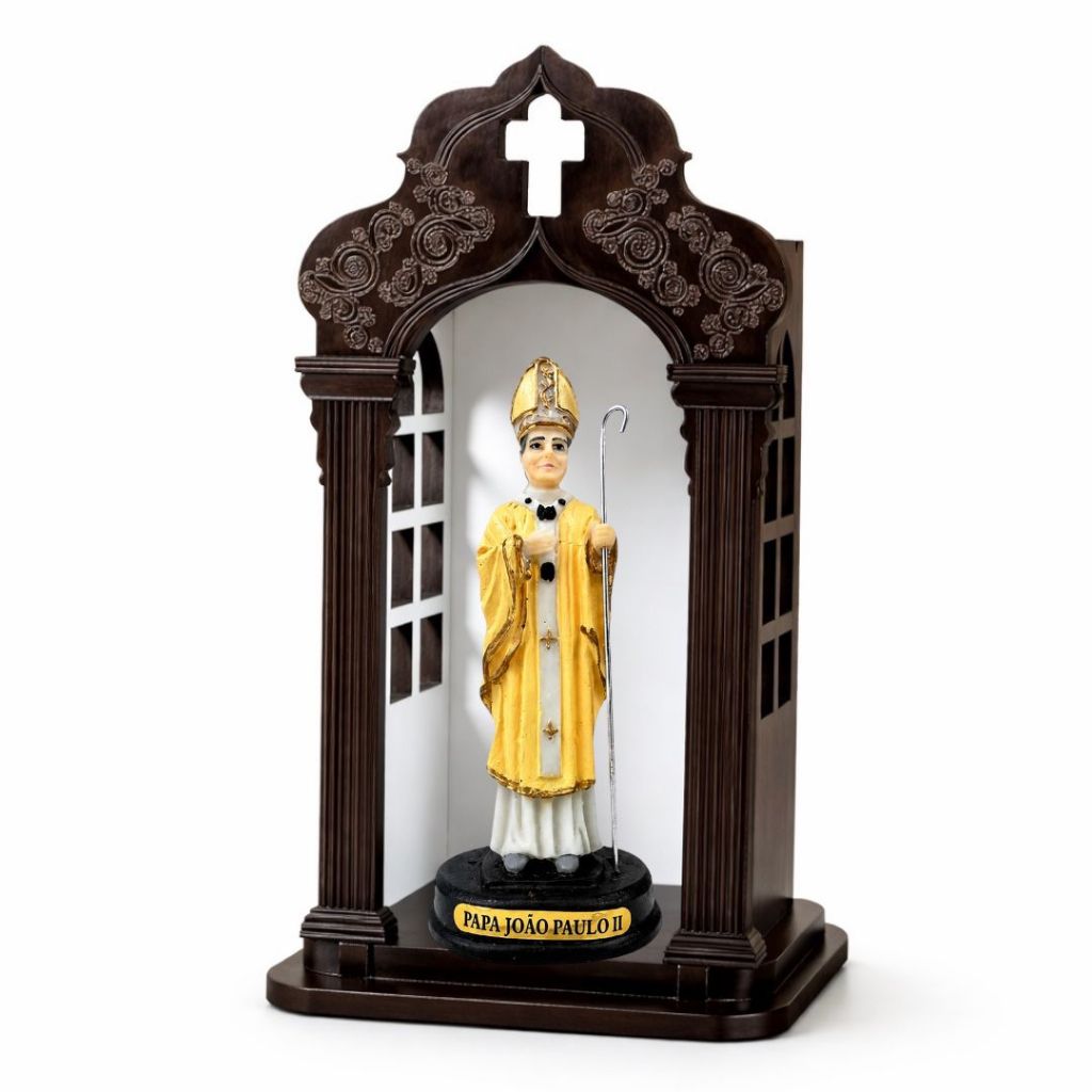 Imagem Papa João Paulo II Resina 15cm com Capela Madeira Oratorio Mdf