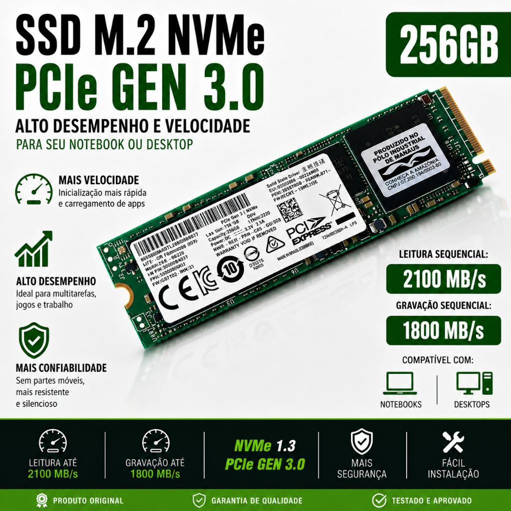 SSD M2 256GB M.2 NVMe PCIe Gen 3 x4 ADATA/CRUCIAL/HP/PATRIOT Leitura 2100 MB/s Gravação 1800 MB/ s