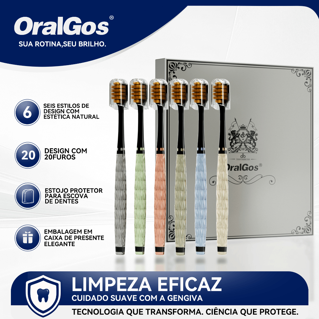 OralGos Escova de Dentes Macia, Cabo Transparente, 6 Cores, Cerdas 0.12mm