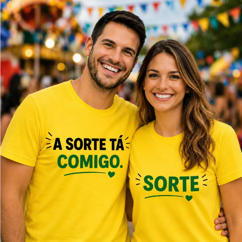 Kit 2 Camisetas Casal Combinando A Sorte Tá Comigo Presente Dia Dos Namorados Copa do Mundo