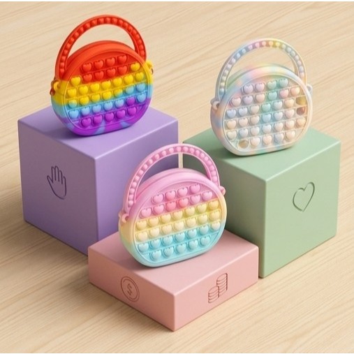 2x1 BOLSA E BRINQUEDO - Bolsa Pop It Silicone Antiestresse Infantil Colorida Sensorial Fidget Bolsa Pequena
