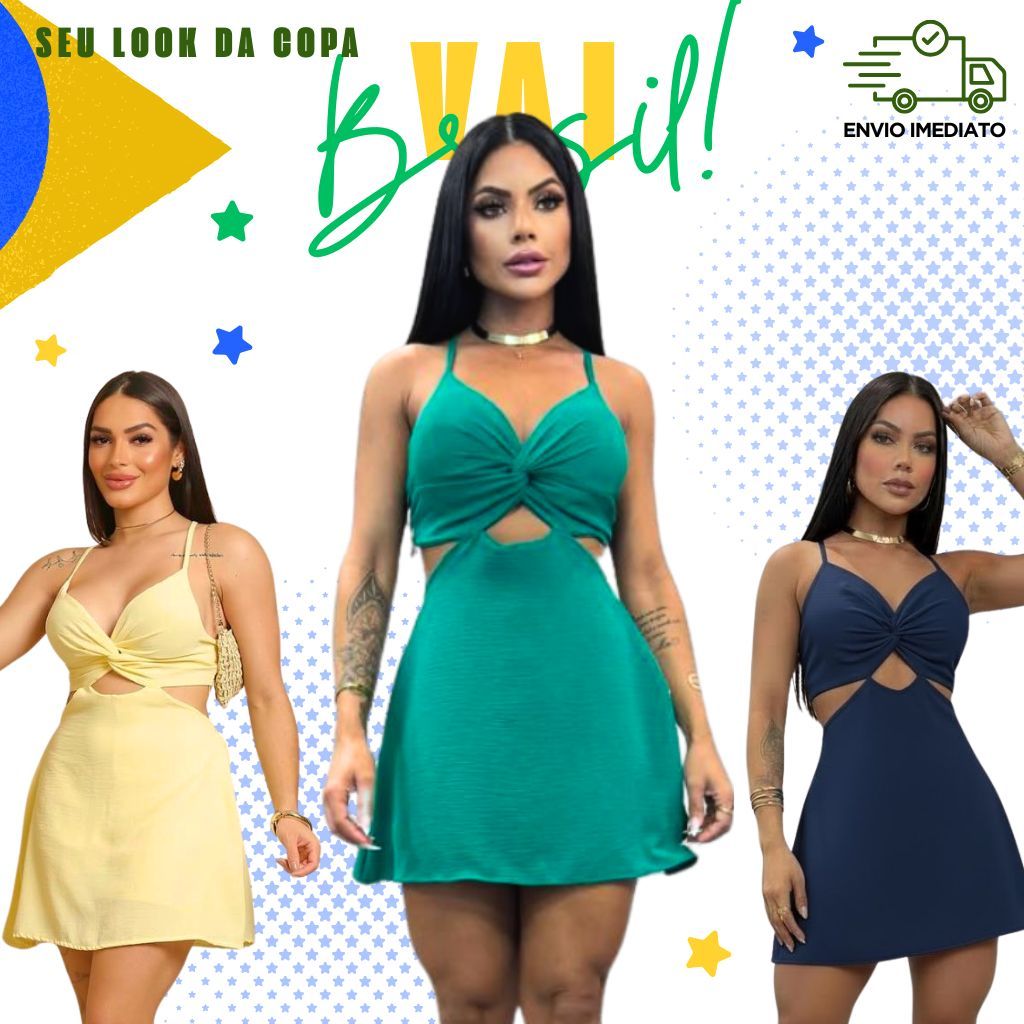 Vestido Curto Feminino com Short Interno - Macaquinho - Tecido Duna - Bojo + Amarração nas Costas Nua - Copa Brasil 2026