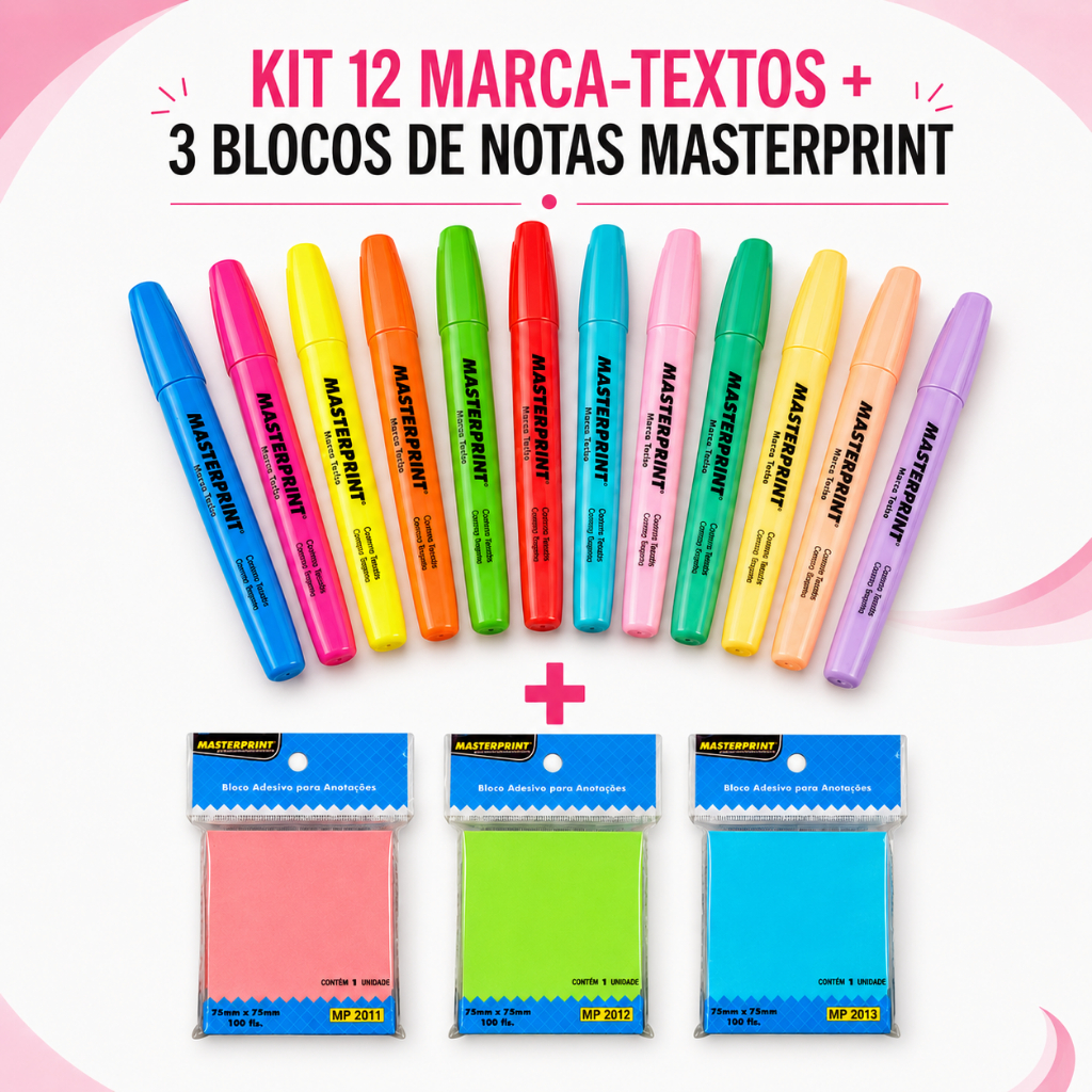 Kit 12 Marca Texto Masterprint (6 Neon + 6 Pastéis) + 3 Blocos Notas Adesivo Marcador Páginas Cores