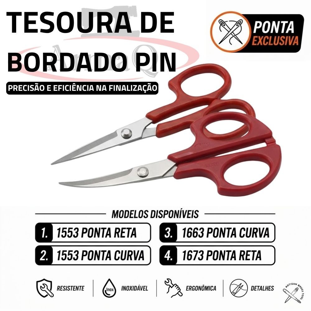 Tesoura de Bordado Ponta Curva ou Reta Lamina de Aço PIN - Lanmax
