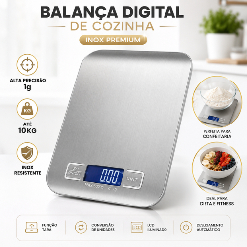 Balança Digital Cozinha Inox 10kg Alta Precisão 1g LCD Culinária Fitness Confeitaria Compacta Premium Top