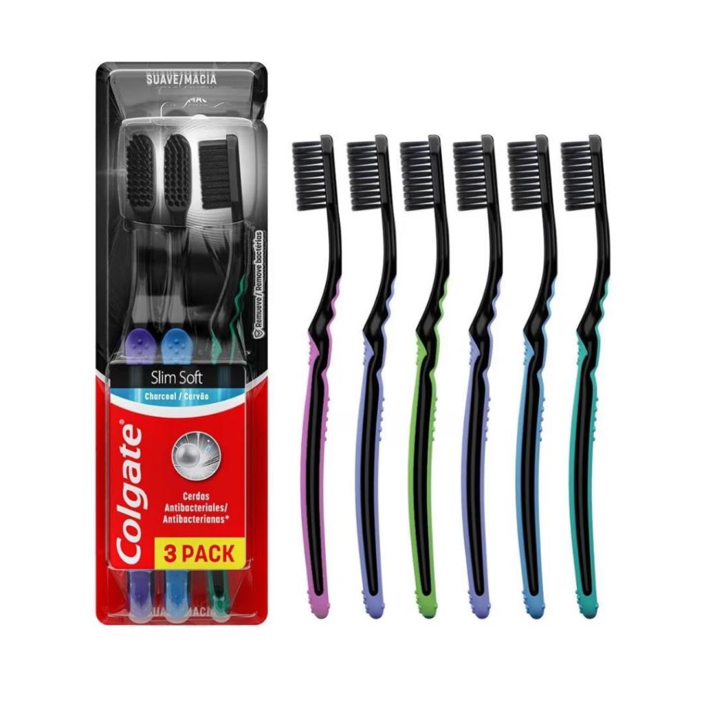 Kit 6 Escovas de Dente Colgate Slim Soft Black Carvão Ativado Macia Cerdas Ultrafinas Limpeza Profunda Original Promocio