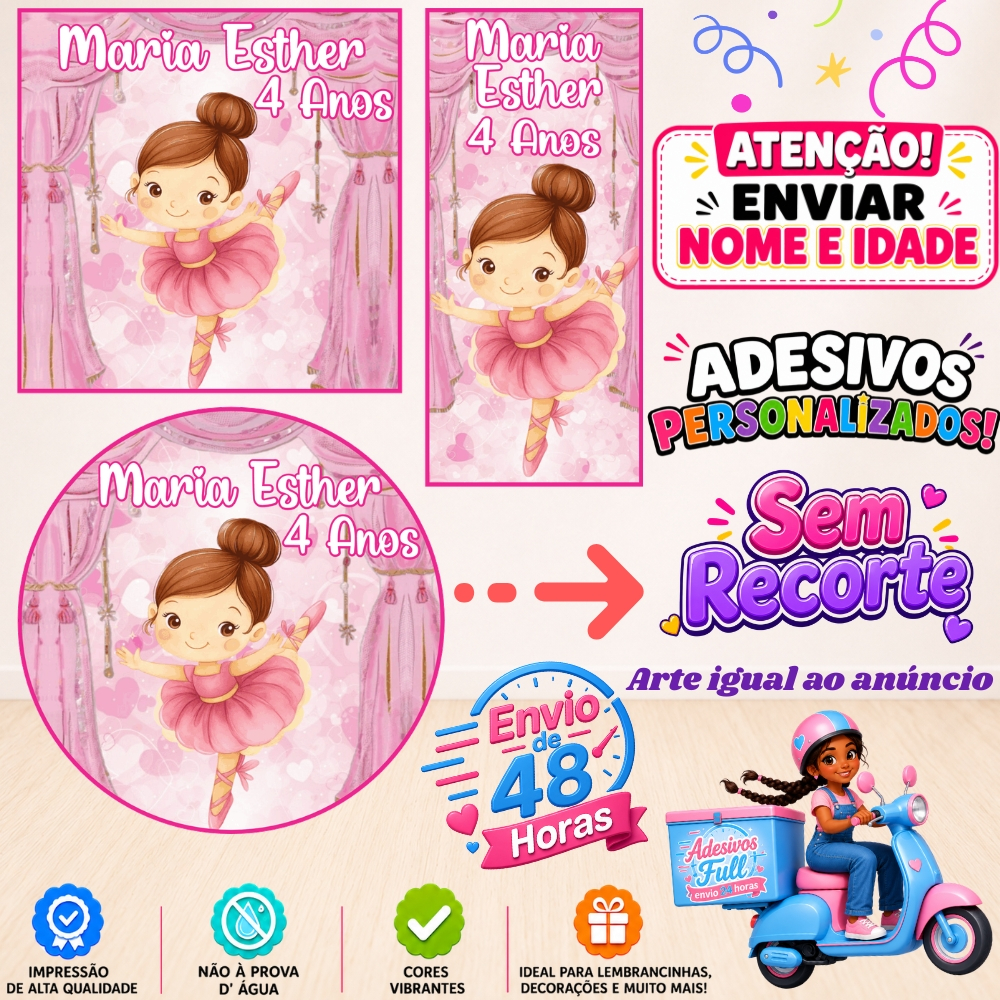 Bailarina Aquarela - 100/60/40 Adesivos Personalizados Lembrancinhas Festa Aniversário