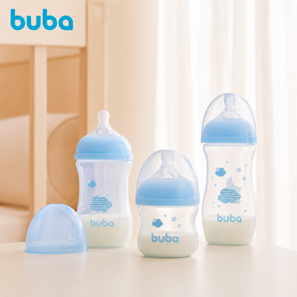 Buba Kit 3 Mamadeiras Anticólica Easy Flow Azul 120ml, 270ml e 330ml – Ideal para Todas as Fases do Bebê.