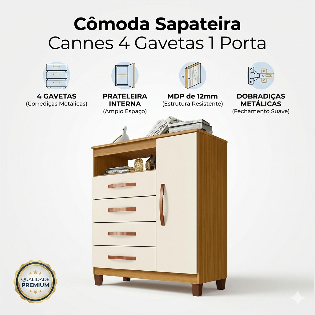 Cômoda Gaveteiro Incorplac Multiuso 4 Gavetas 1 Porta Organizador Sala Quarto - Cores