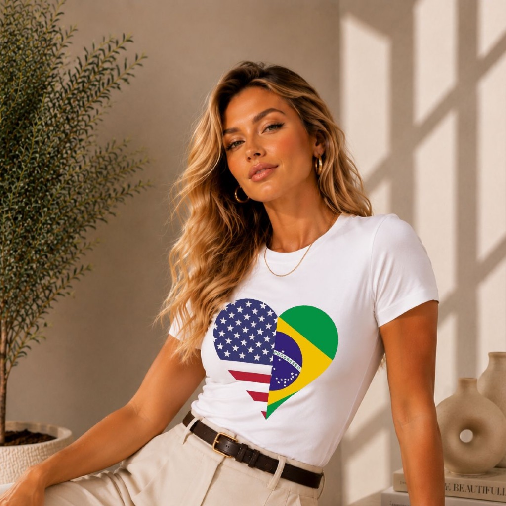 Blusa Feminina Estampa Brasil e America Gola Careca baby look Copa do Mundo