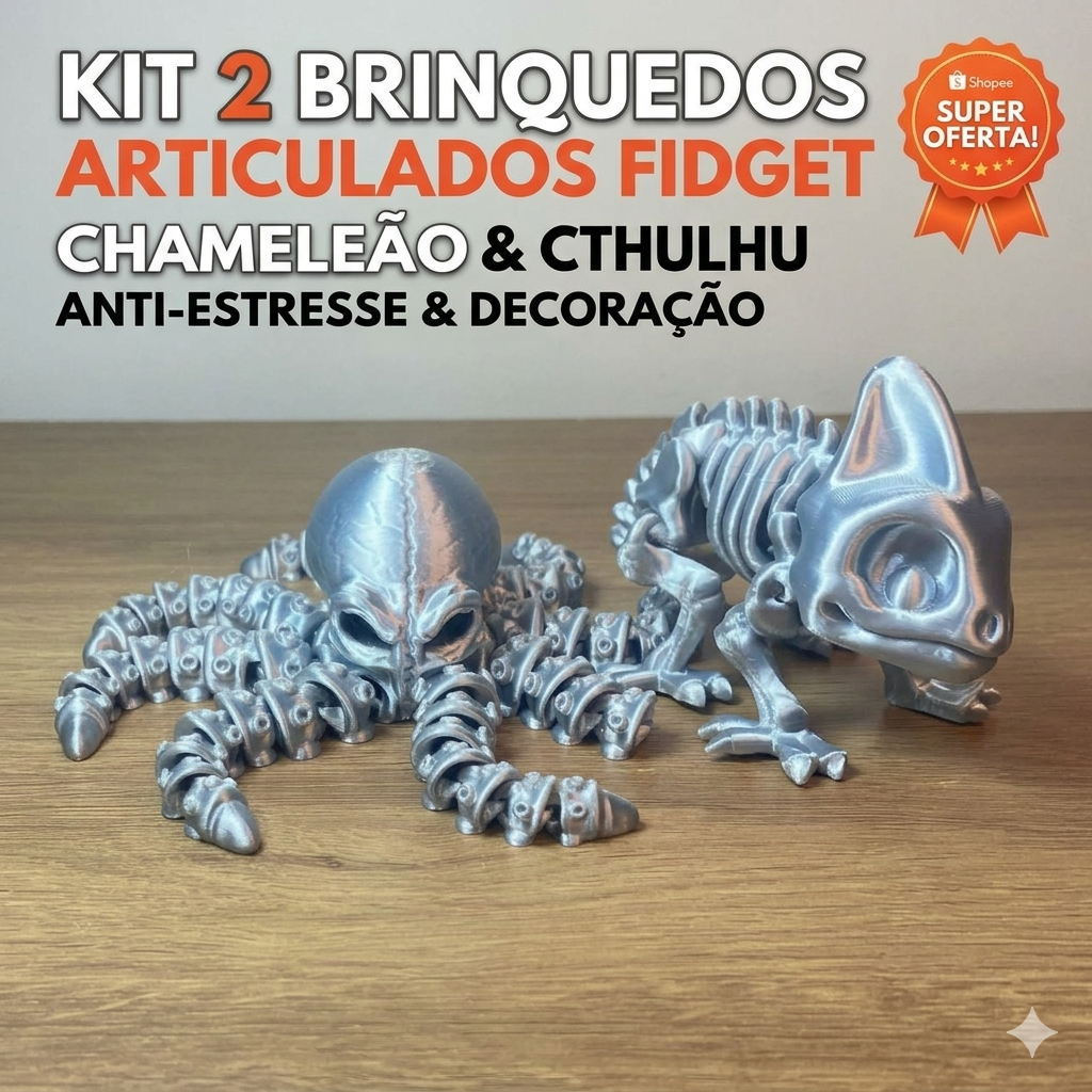 Kit 2 Brinquedos Articulados Polvo E Camaleão Anti Estresse Fidget Toy Impressão 3D