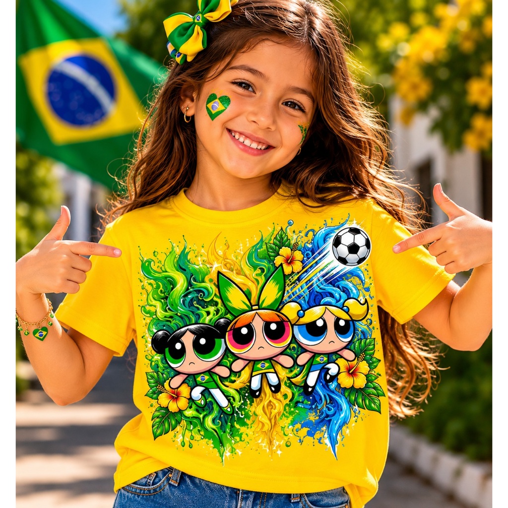 Camiseta Infantil Brasil Amarela Copa do Mundo 2026 Menina Futebol Estampa Exclusiva