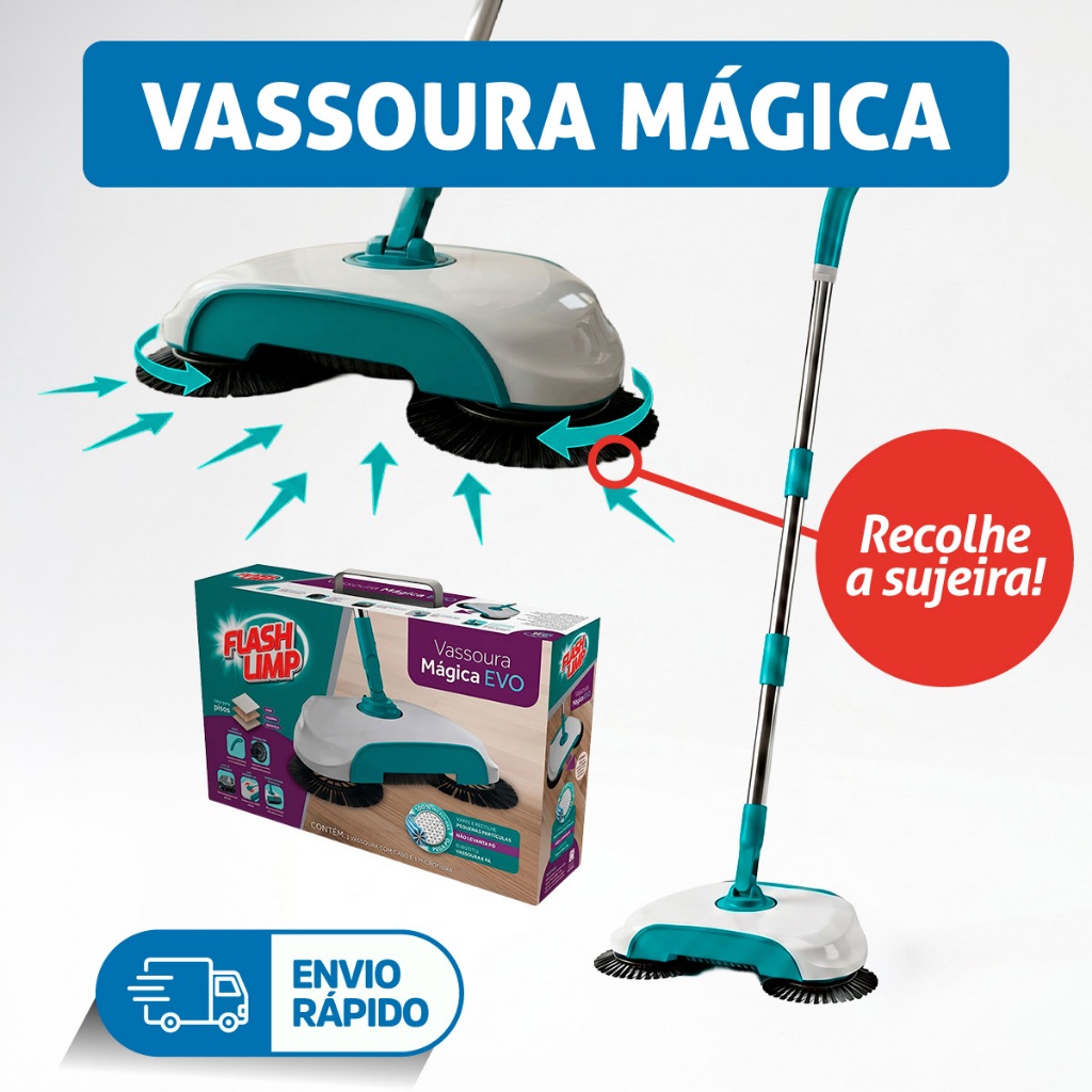 Vassoura Mágica Evo Varre e Recolhe Multiuso Cabo 360º pisos frios sintético madeira - Flash Limp