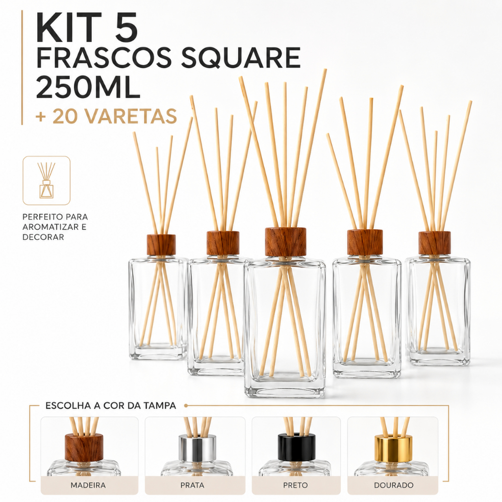 Kit 5 Frascos Vidro Square 250ml Para Aromatizador De Ambiente Difusor Varetas Decoração Lavabo Sala Escritório