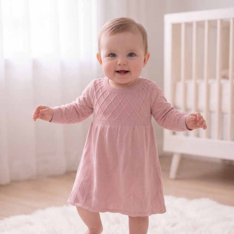 Vestido Tricot Premium Bebê Menina Pérolas + Renda Manga Saída Maternidade
