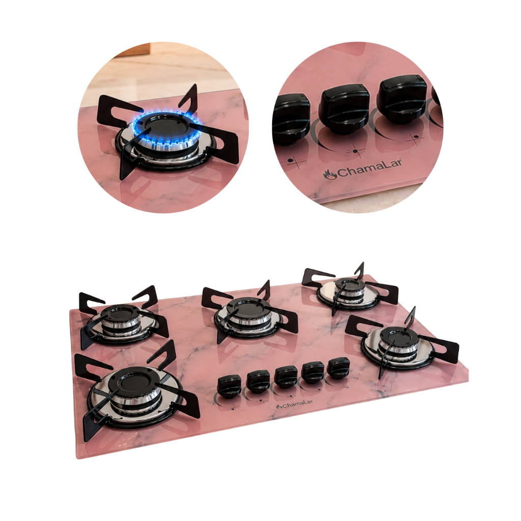 Fogão Cooktop Gás 5 Bocas Ultra Chama 127v/220v Marmorizado Rosa Bivolt