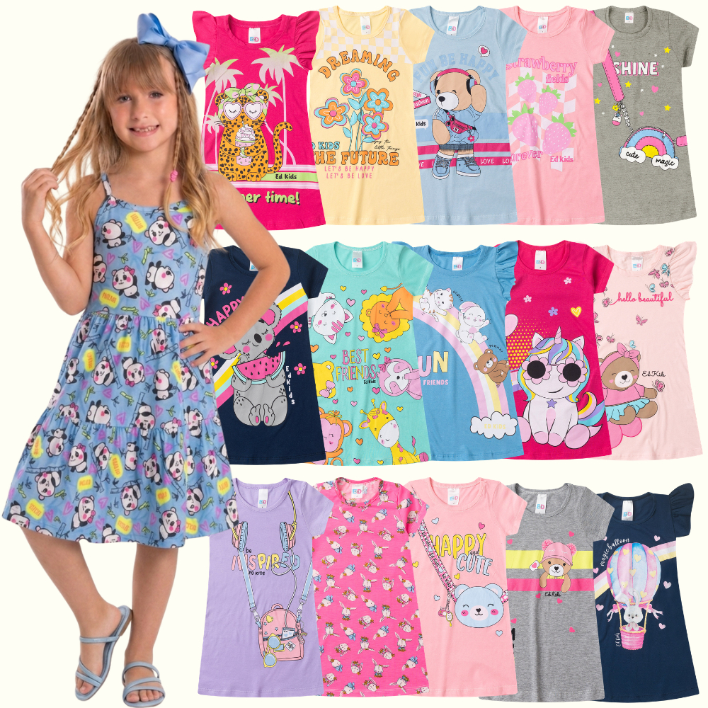 Kit Sortido 5 Peças Vestidos Infantil Verão Feminino Menina Vestido 2 ao 14 - Envio Full | ED KIDS