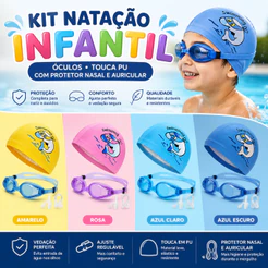 Kit Natação Infantil Óculos Touca PU com Protetor Nasal e Auricular