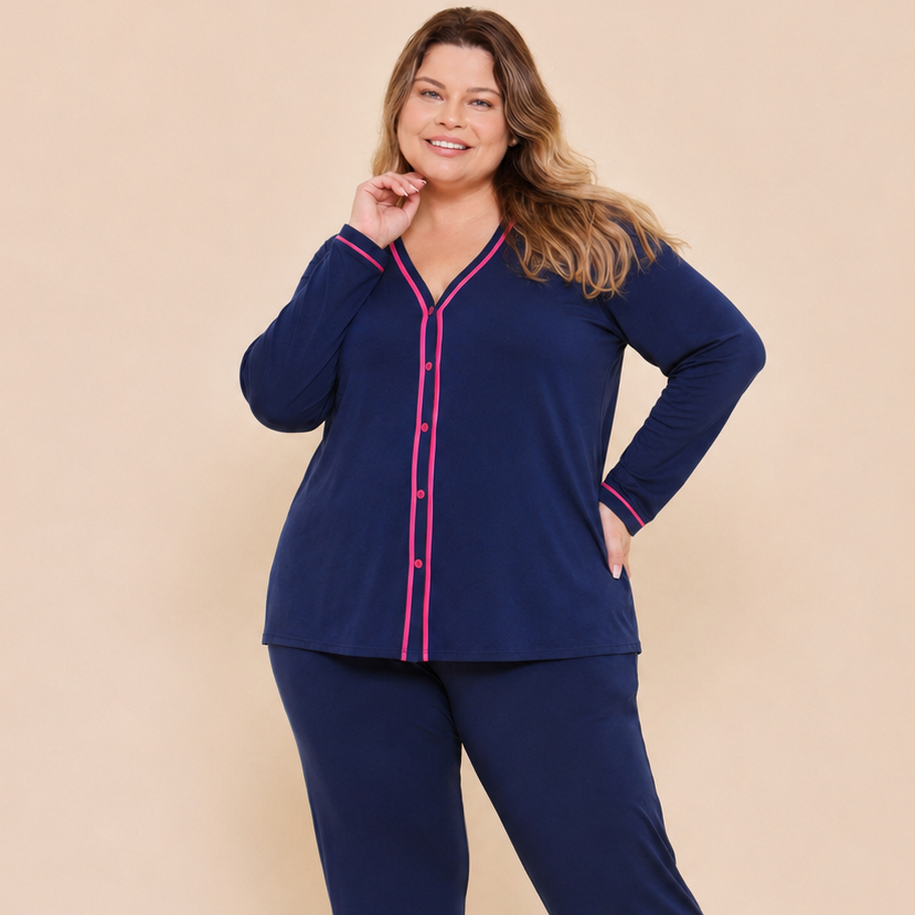 Pijama de Frio Plus Size Feminino Inverno de Botão Blogueirinha