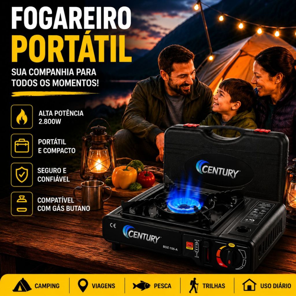 Fogareiro Portátil Century Com Maleta Camping Pescaria Viagem Acendimento Automático Gás