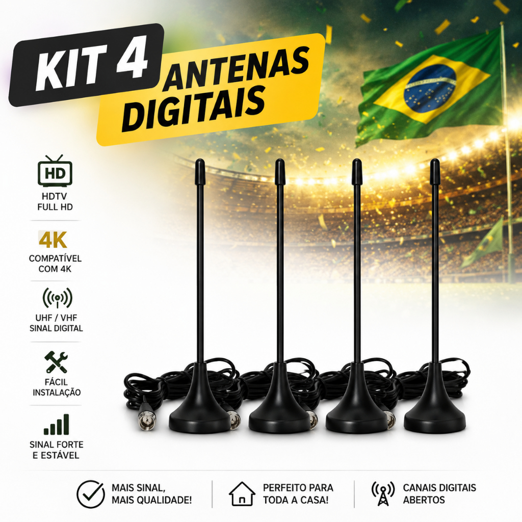 Kit 4 Antenas Digitais Internas 1,5m TV HDTV Full HD 4K UHF VHF Sinal Forte Canais Abertos Smart TV Fácil Instalação