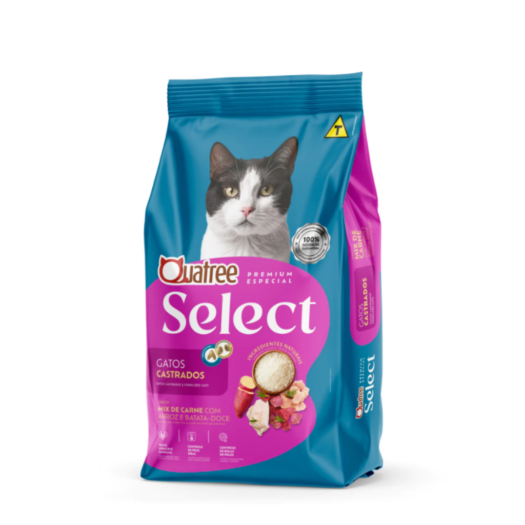 Ração Gatos 1KG Alimento Quatree Premium Select Castrado Mix De Carne Arroz e Batata Doce