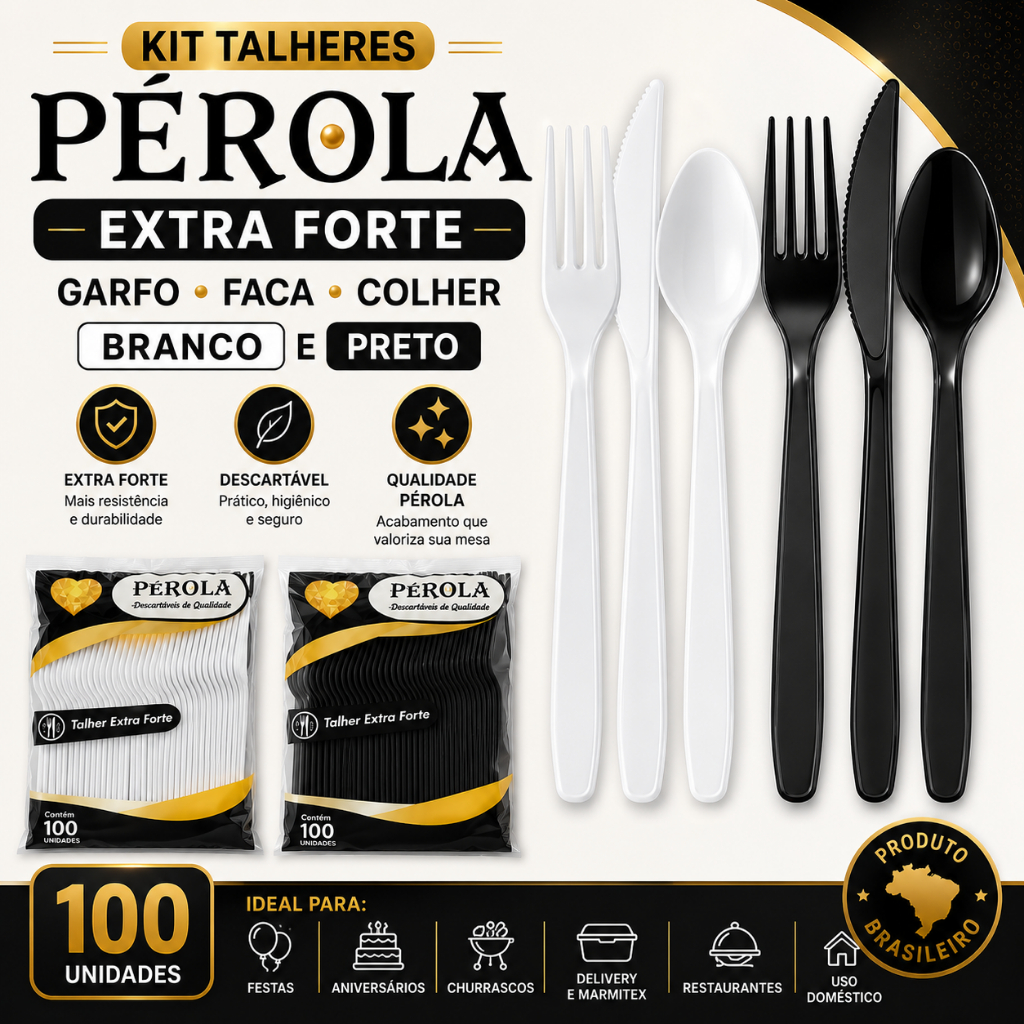 Kit Garfo, Faca ou Colher Descartável Pérola 17,5cm Extra Forte Branco ou Preto