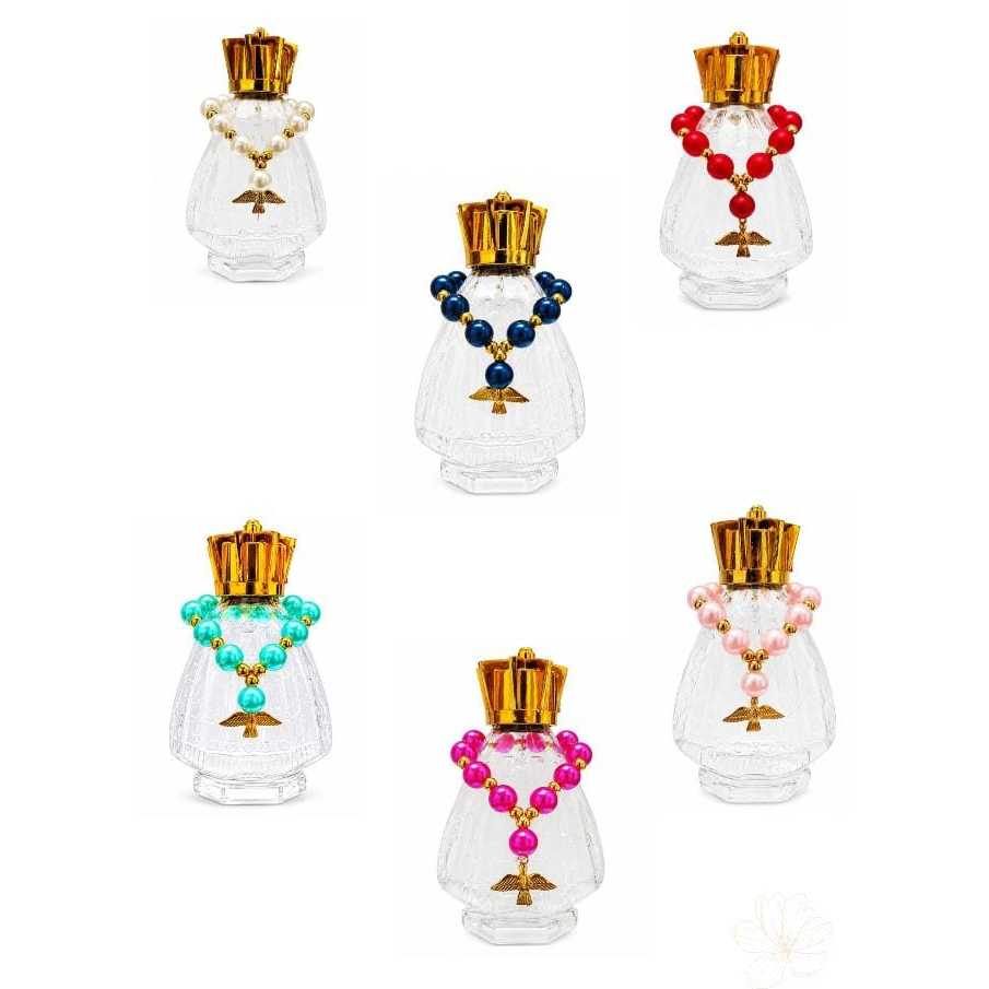 Kit 10 Frascos N. Sra Aparecida + 10 Mini Terços Pérola/Dourado - Lembrancinhas Religiosas