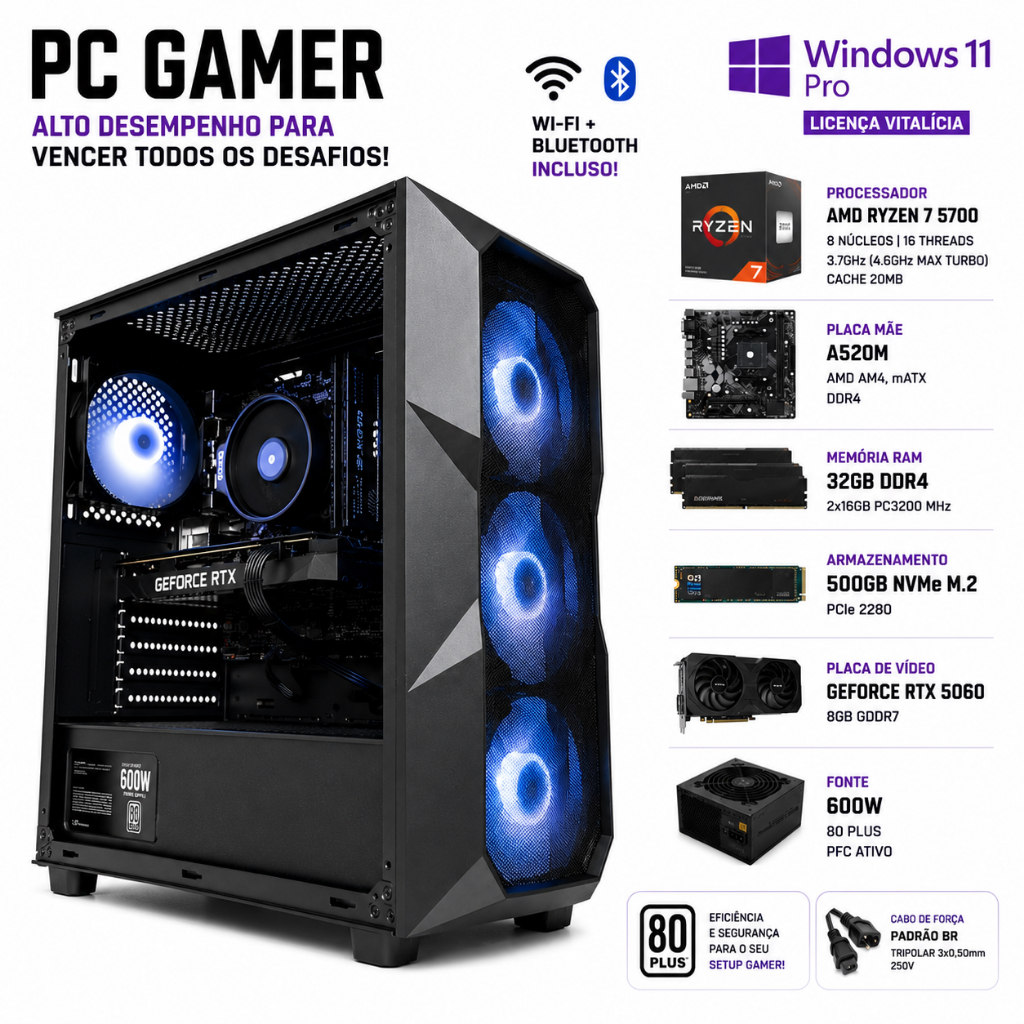 PC GAMER TITAN AMD RYZEN 7 5700/32GB RAM/NVME 500GB/NVIDIA RTX 5060 8GB RAY TRACING/ WINDOWS 11 PRO