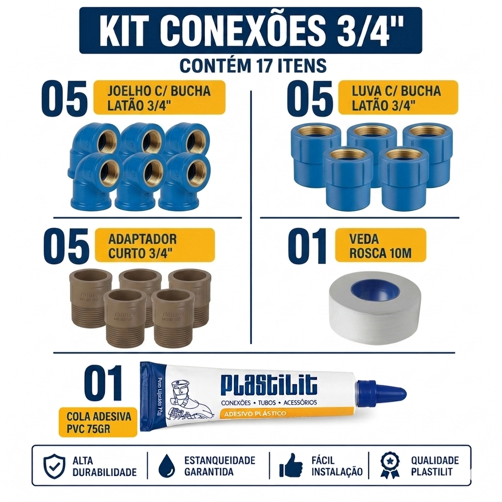 Kit Conexao Pvc Azul Bucha Latao 3/4 Joelho Luva 17 Pecas
