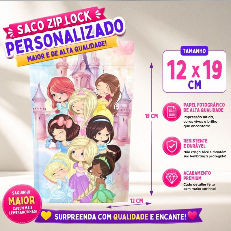 Saquinho Zip Lock Personalizado Princesas Cute | 12x19cm | Lembrancinha Infantil | Com ou Sem Tag | Festa Aniversário