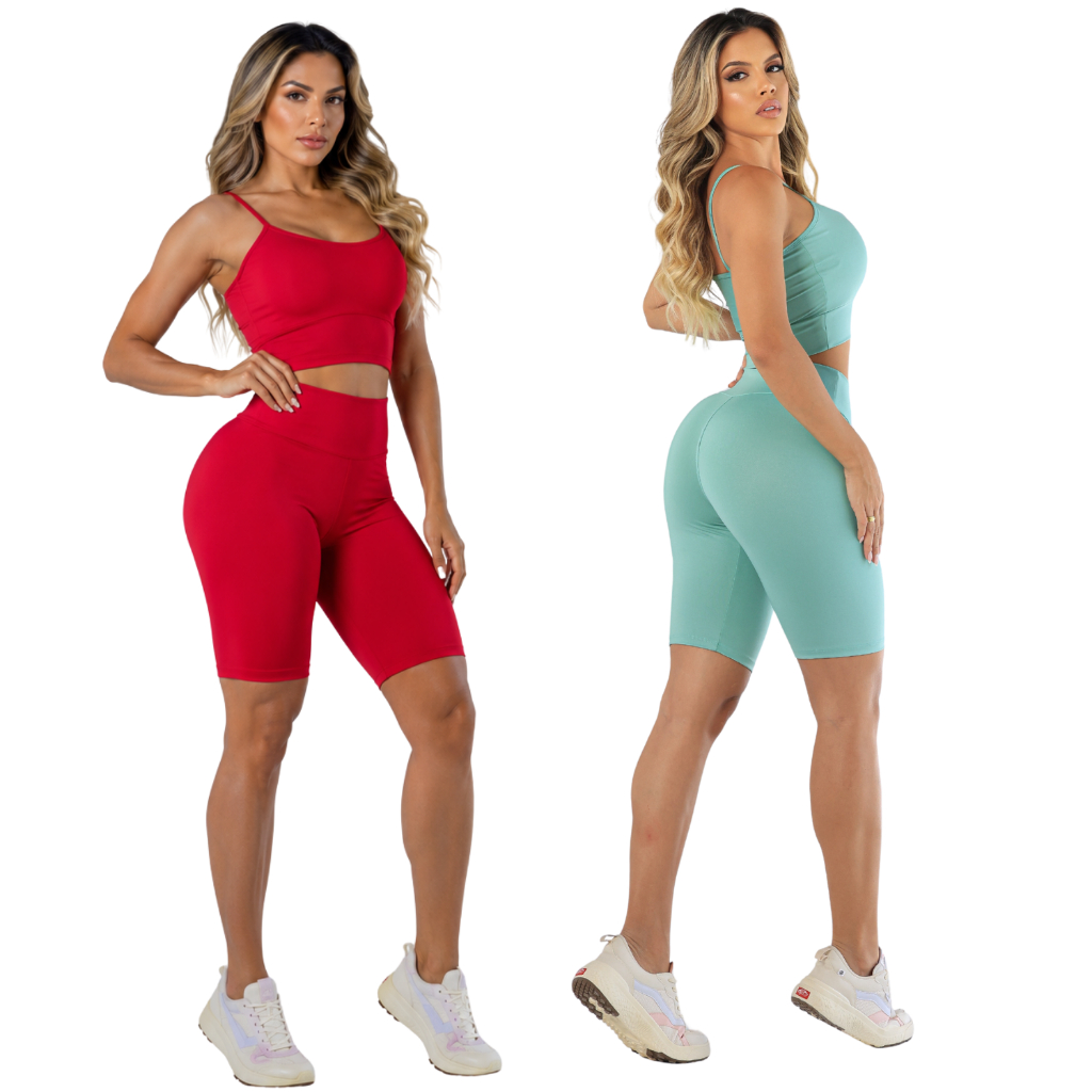 KIT 2 Conjuntos Academia Feminino Top Alcinha e Bermuda Ciclista Modeladora Suplex Premium