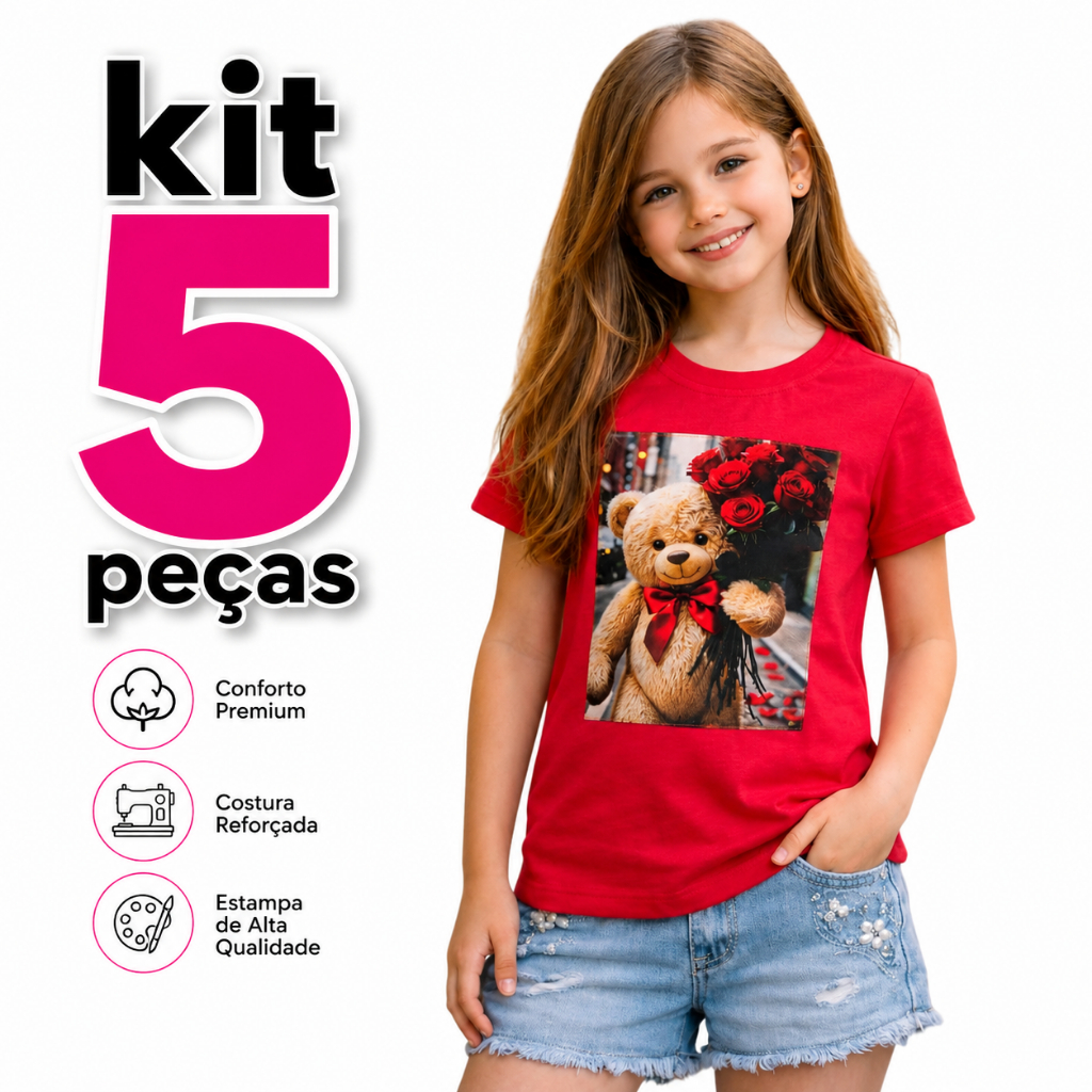 Kit 5 Camisetas Para Menina Infantil Manga Curta Estampada Viscolycra Confortável Alta Qualidade