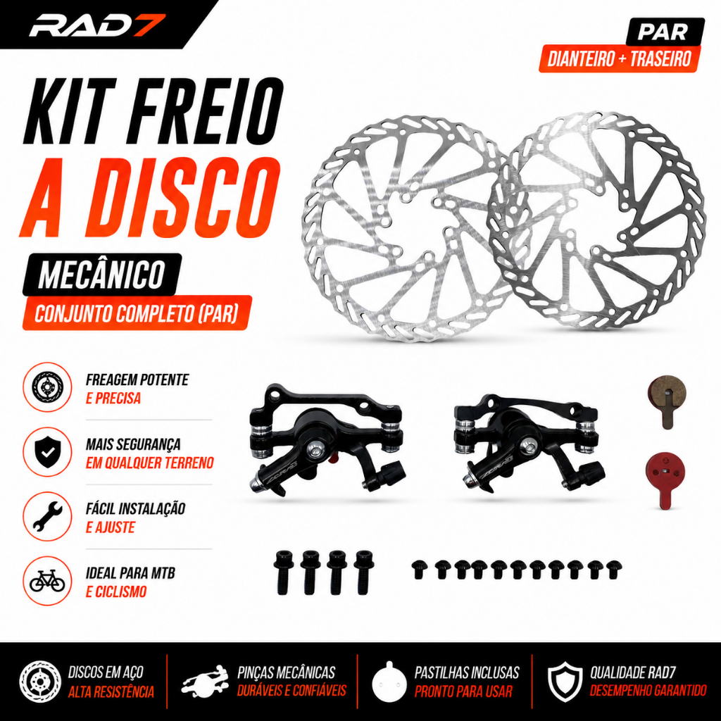 Kit Freio A Disco Mecânico Conjunto Completo (Par) Pinça e Disco Rotor Rad7