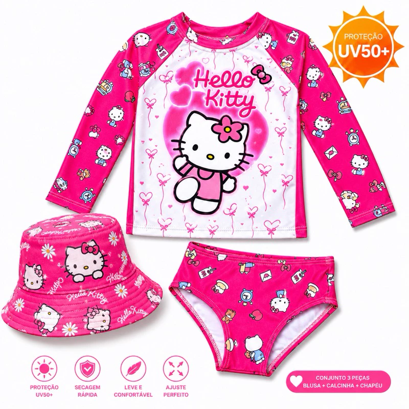 Conjunto Biquíni Infantil Menina Hello Kitty 3 Peças UV50+ Blusa Manga Longa, Calcinha e Chapéu Proteção Solar — imagem 1