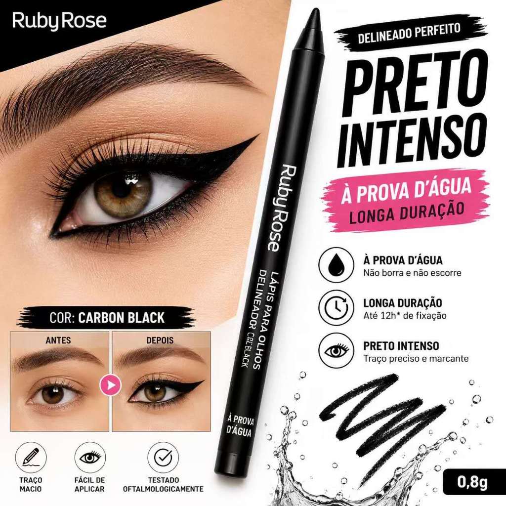 Lápis para Olhos Delineador à Prova D'água - Carbon Black / Preto - Ruby Rose (HB050)/Lápis de Olho Eye-Catching