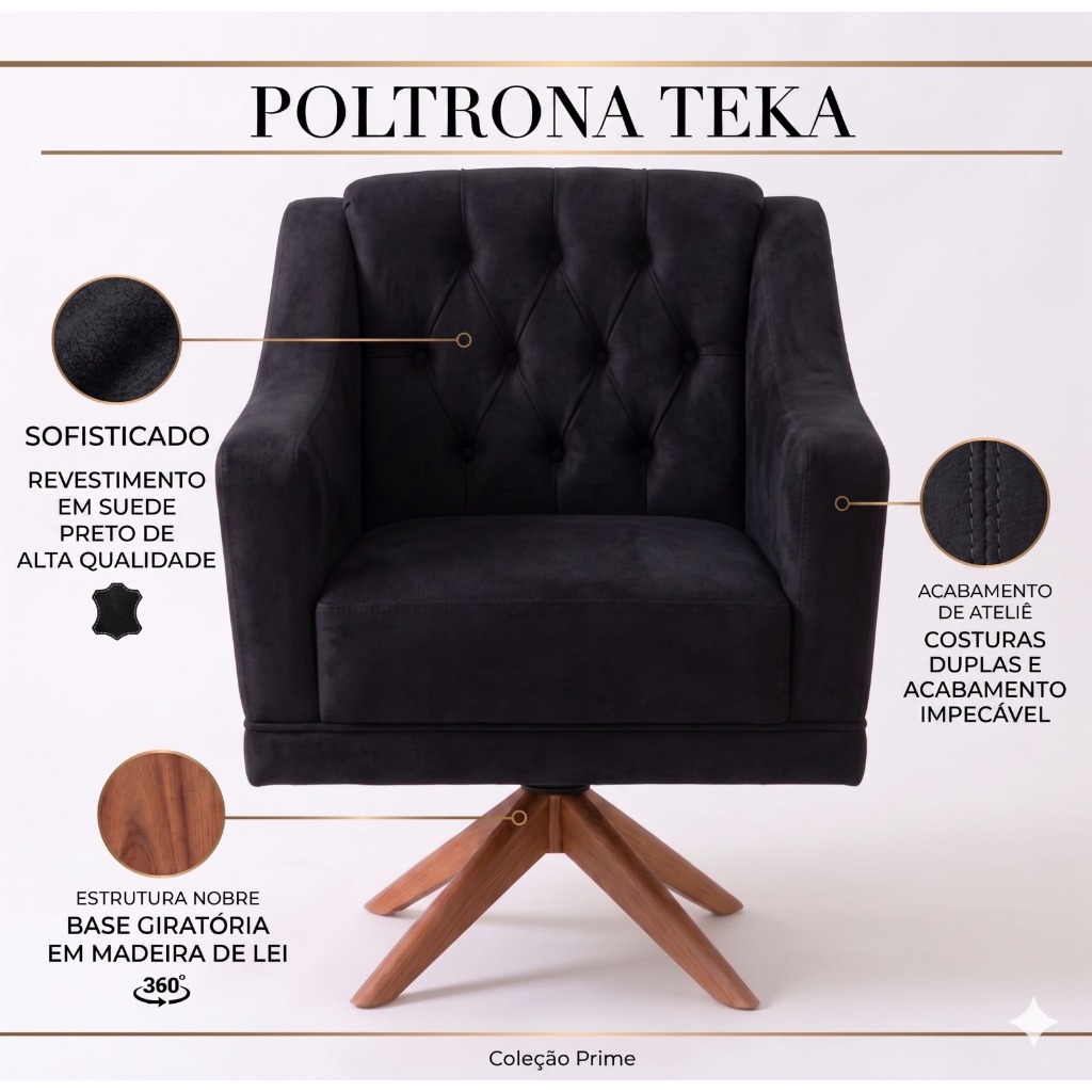 Poltrona Teka Giratória Suede Preto Luxo Premium Capitonê