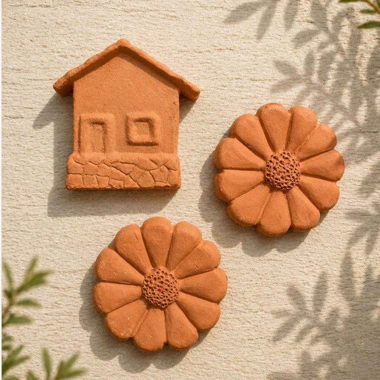 Decoração de Parede em Barro Artesanal – Flores, Pássaros e Casinhas