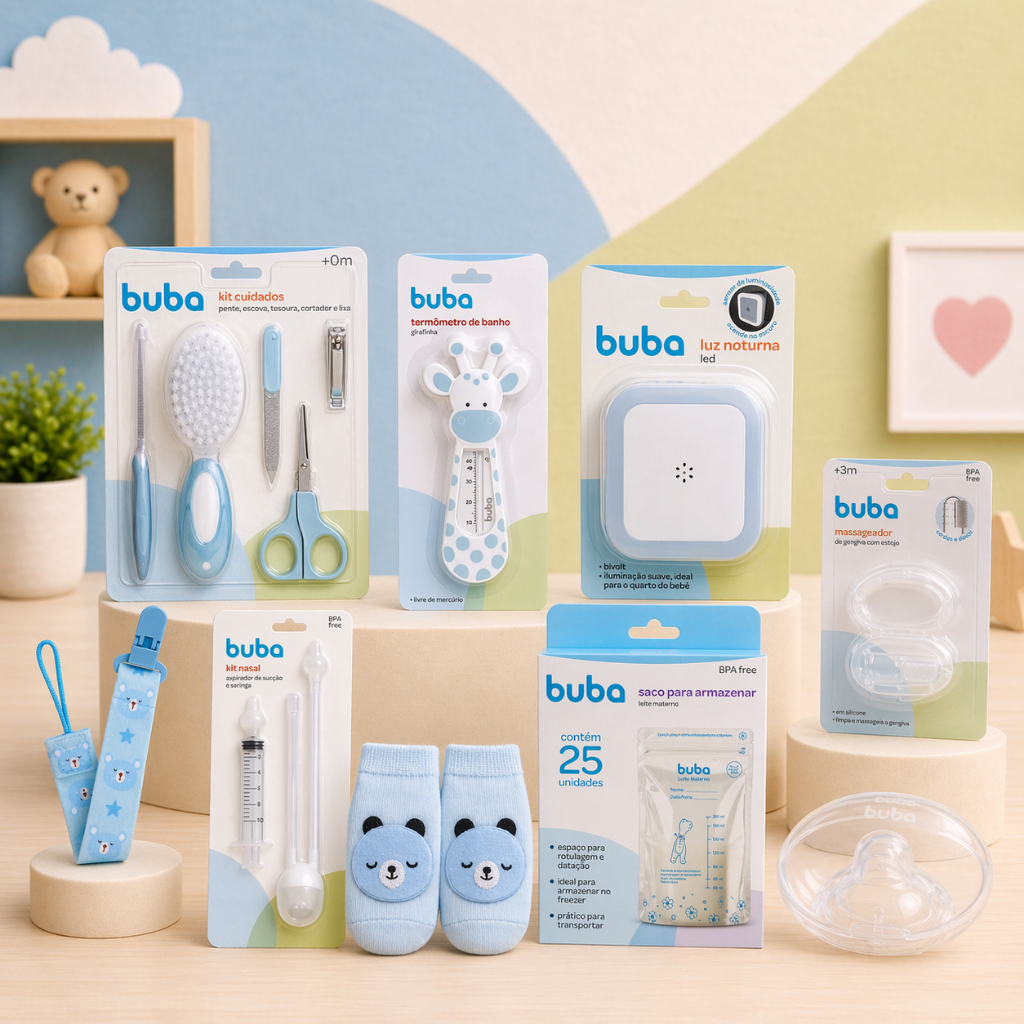 Kit Enxoval Bebê Buba Azul Completo Higiene e Cuidados Recém-Nascido