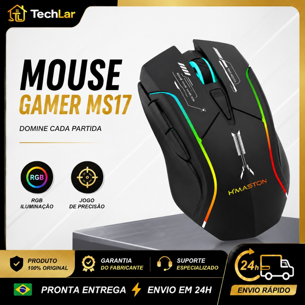 MS17 Mouse Gamer Tri-Mode Wireless Bluetooth 2.4GHz USB RGB 12800 DPI Customizável Jogos