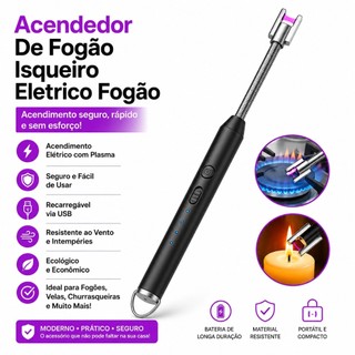 Acendedor Isqueiro Elétrico Recarregável USB Plasma Fogão Churrasqueira Vela Sem Chama