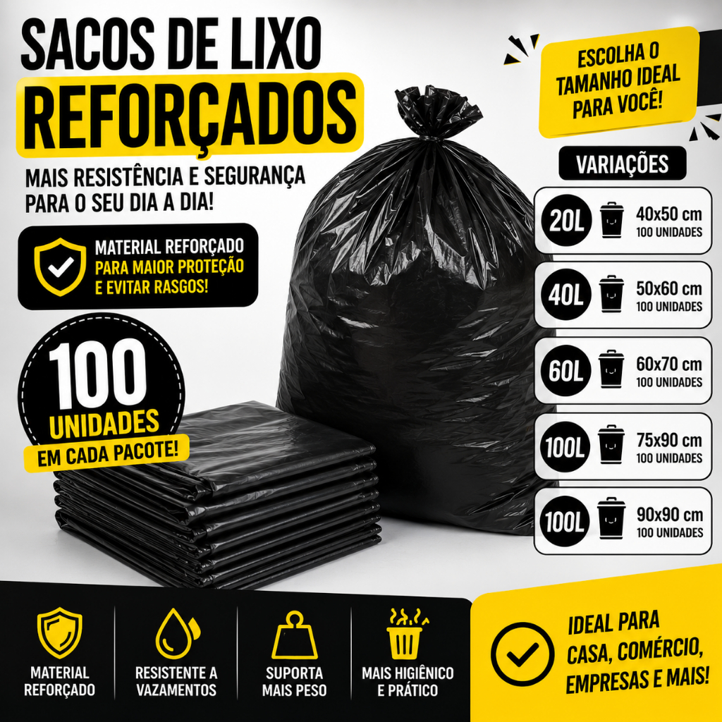 Sacos de Lixo Preto 100 Unidades Reforçados 20-40-60-100 Litros (4 Micras) | LevoPlast - Direto da Fabrica